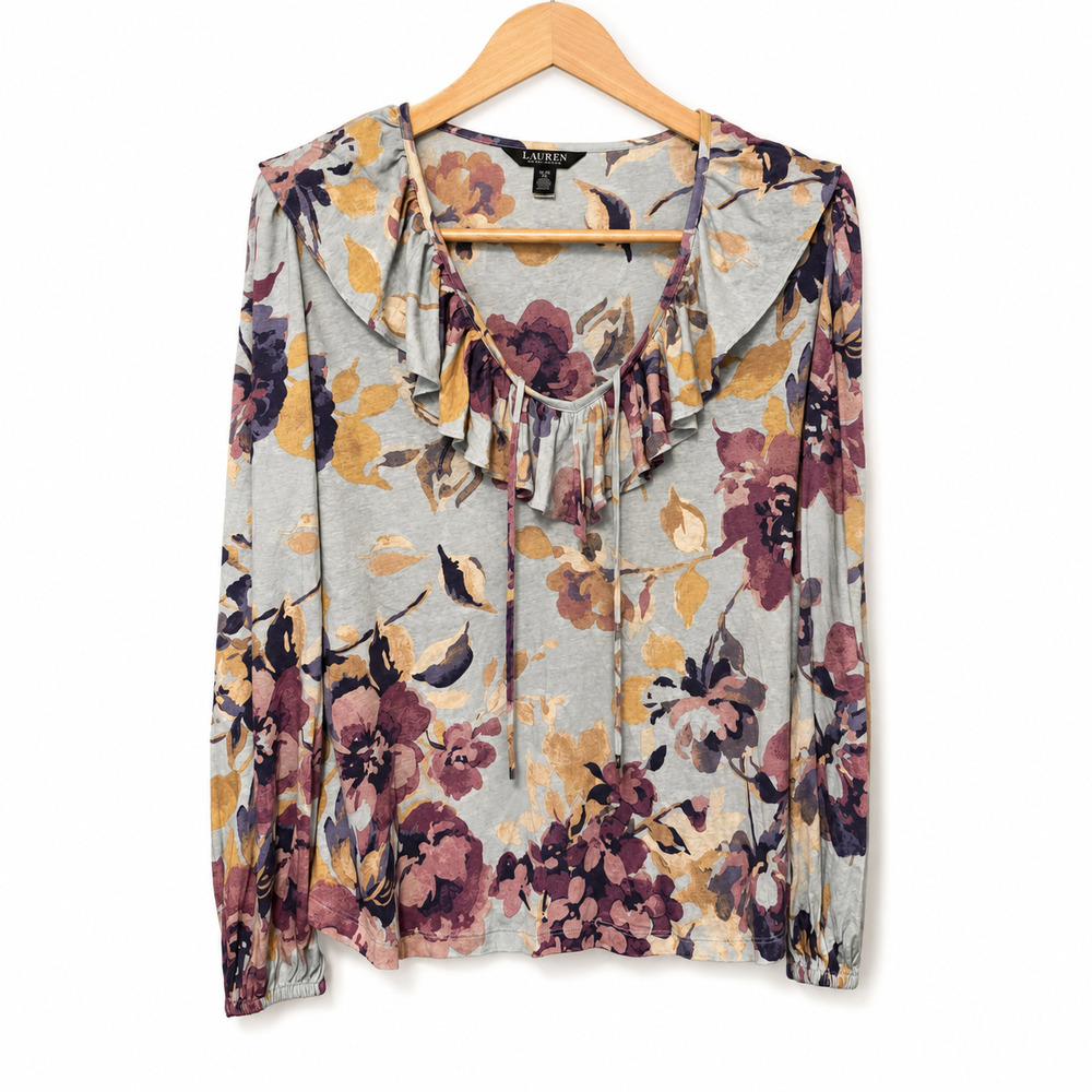 Ralph Lauren Blouse Womens Size XL Gray Floral Print Linen Blend Ruffle Feminine